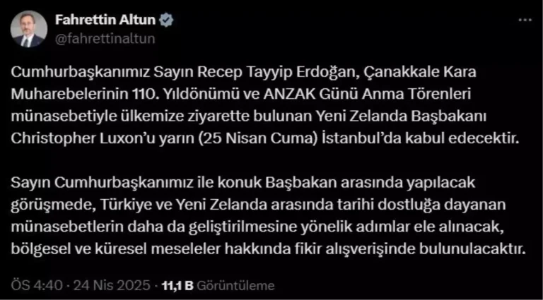 Cumhurbaşkanı Erdoğan, Yeni Zelanda Başbakanı Luxon’u Kabul Edecek