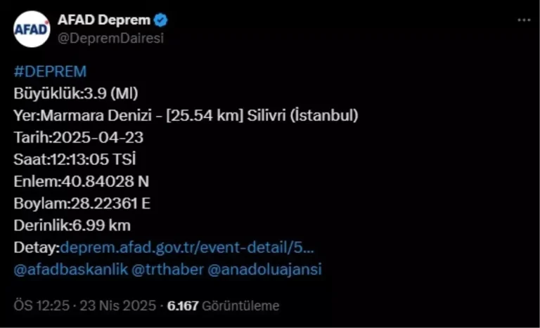 Marmara Denizi’nde 3.9 Büyüklüğünde Deprem